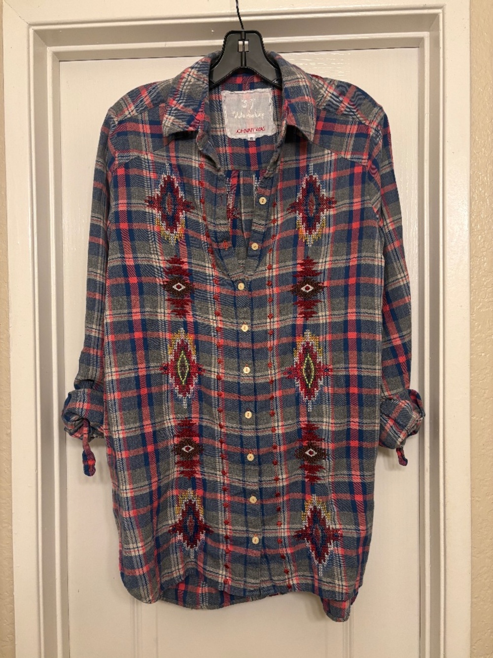 Johnny Was 3J workshop, soft embroidered plaid flannel overshirt